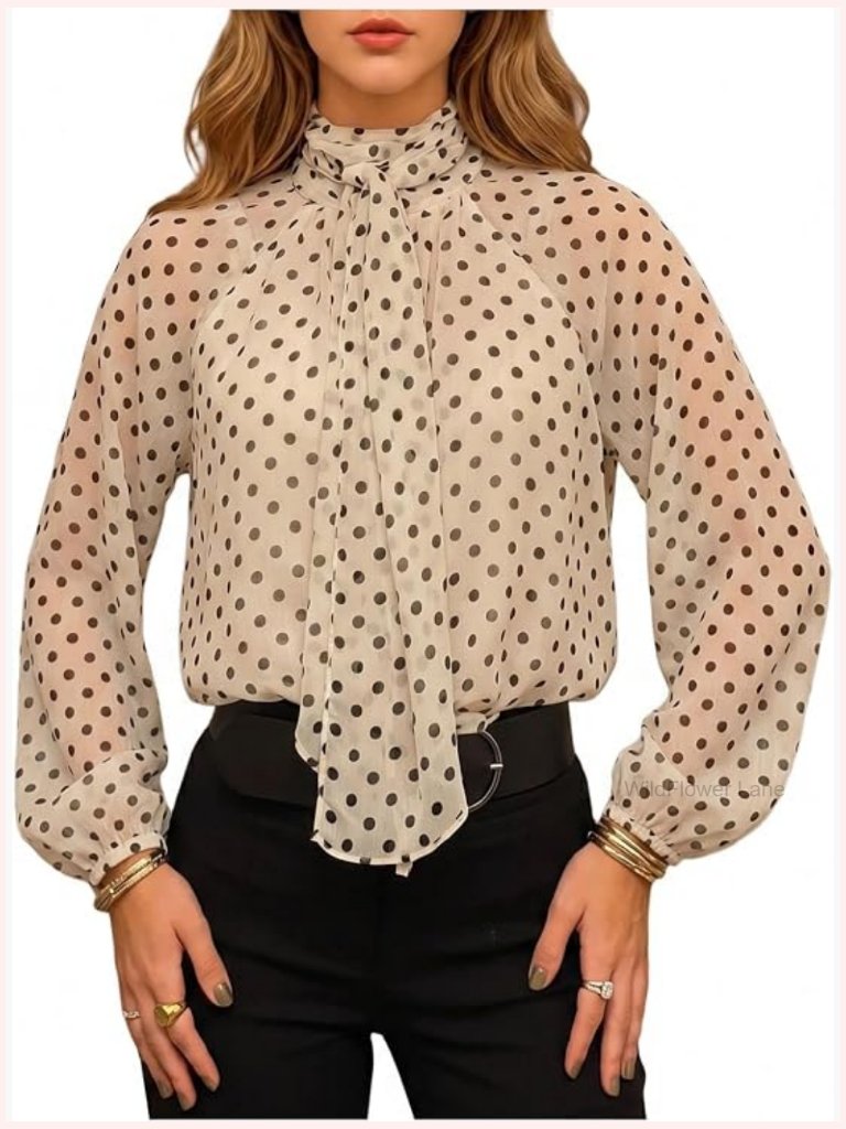 Polka Dots Blouse Tie Neck Lantern Sleeve Business Casual Teacher Top